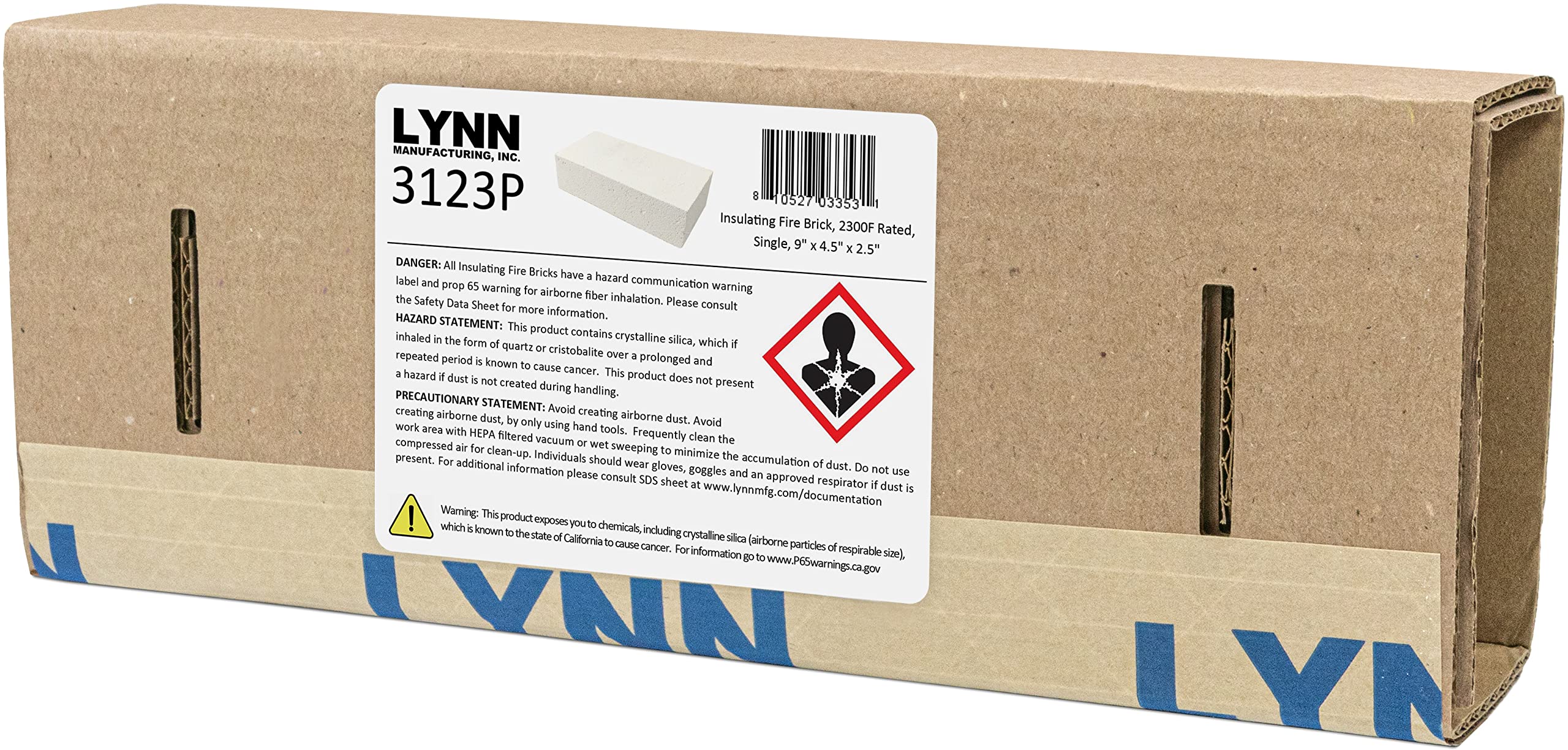 Lynn Manufacturing Insulating Fire Brick, Heat Insulation Block, Low Thermal Conductivity, 2.5" x 4.5" x 9", Single Pack, 2300F-Rated, for Kilns, Forges, Furnaces, Soldering, 3123P