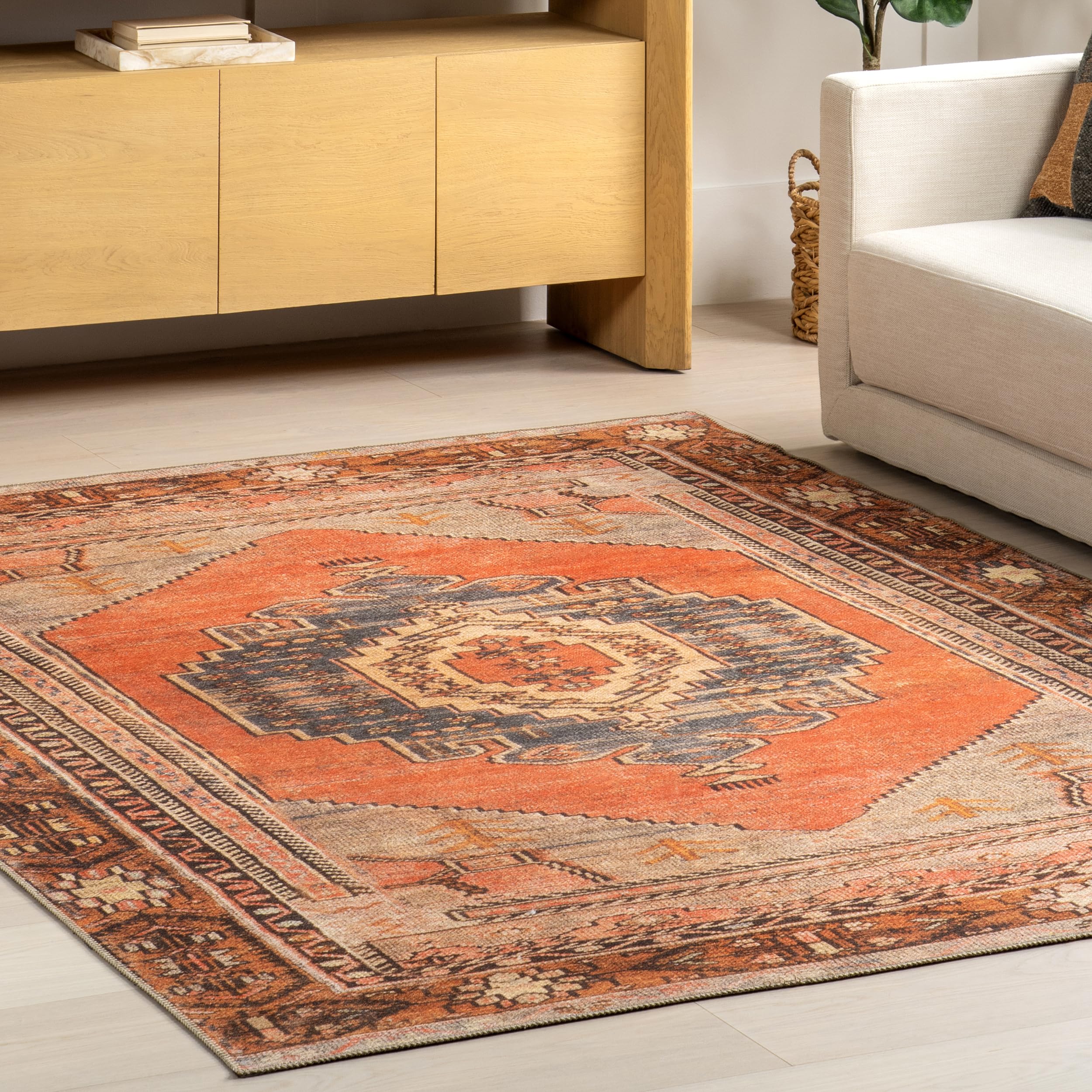 nuLOOM Kamila Tribal Machine Washable Area Rug, 6' Round, Orange