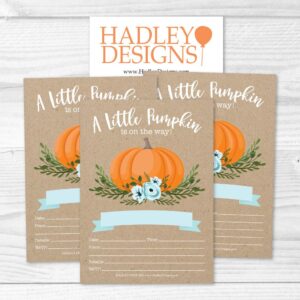 25 Pumpkin Blue Baby Shower Invitations, Sprinkle Invite For Boy, Coed Rustic Gender Reveal Theme, Cute Autumn Kraft Floral DIY Fill or Write In Blank Printable Card, Greenery Rose Party Supplies