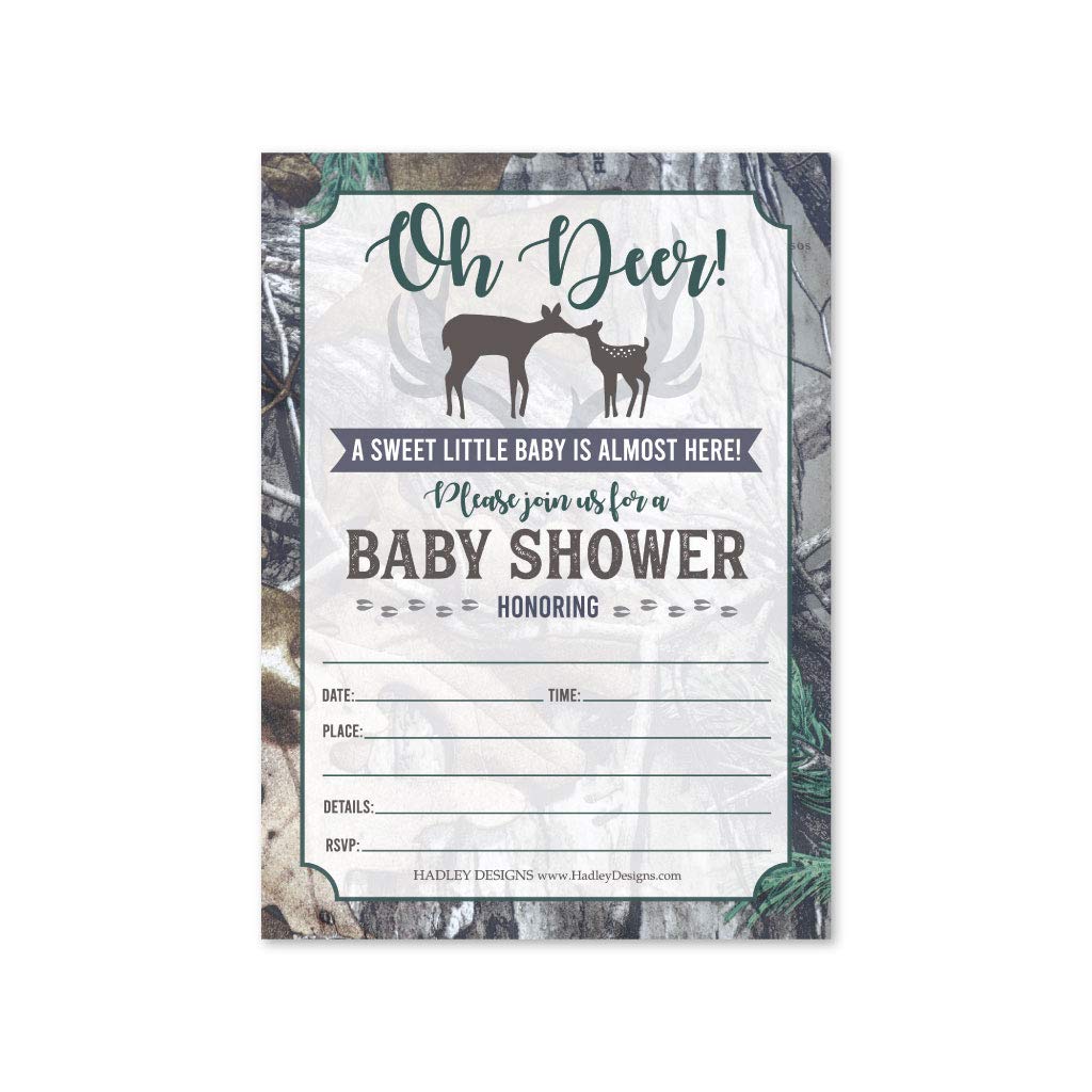 25 Blue Deer Baby Shower Invitations, Sprinkle Invite For Boy, Coed Forest Rustic Gender Reveal Theme, Cute Camouflage Buck DIY Fill or Write In Blank Printable Card, Woodland Forest Party Supplies