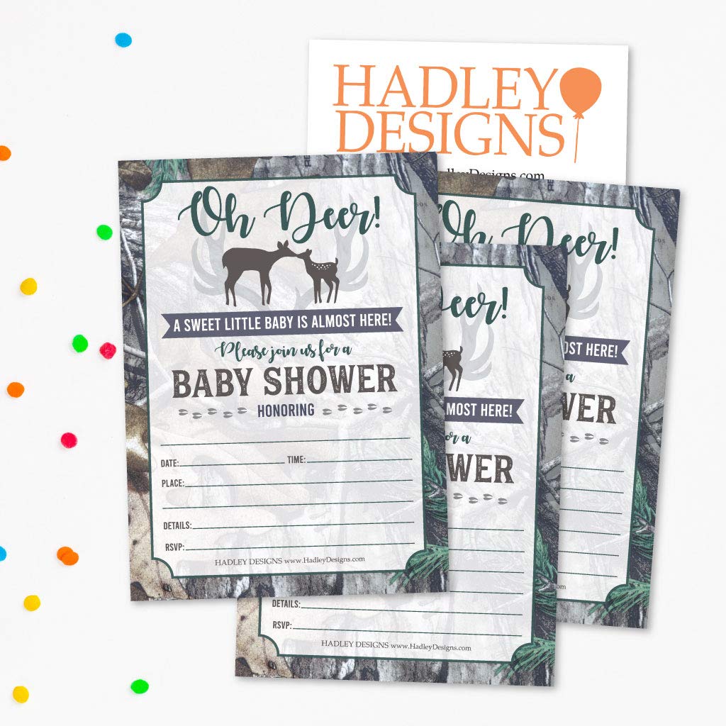 25 Blue Deer Baby Shower Invitations, Sprinkle Invite For Boy, Coed Forest Rustic Gender Reveal Theme, Cute Camouflage Buck DIY Fill or Write In Blank Printable Card, Woodland Forest Party Supplies