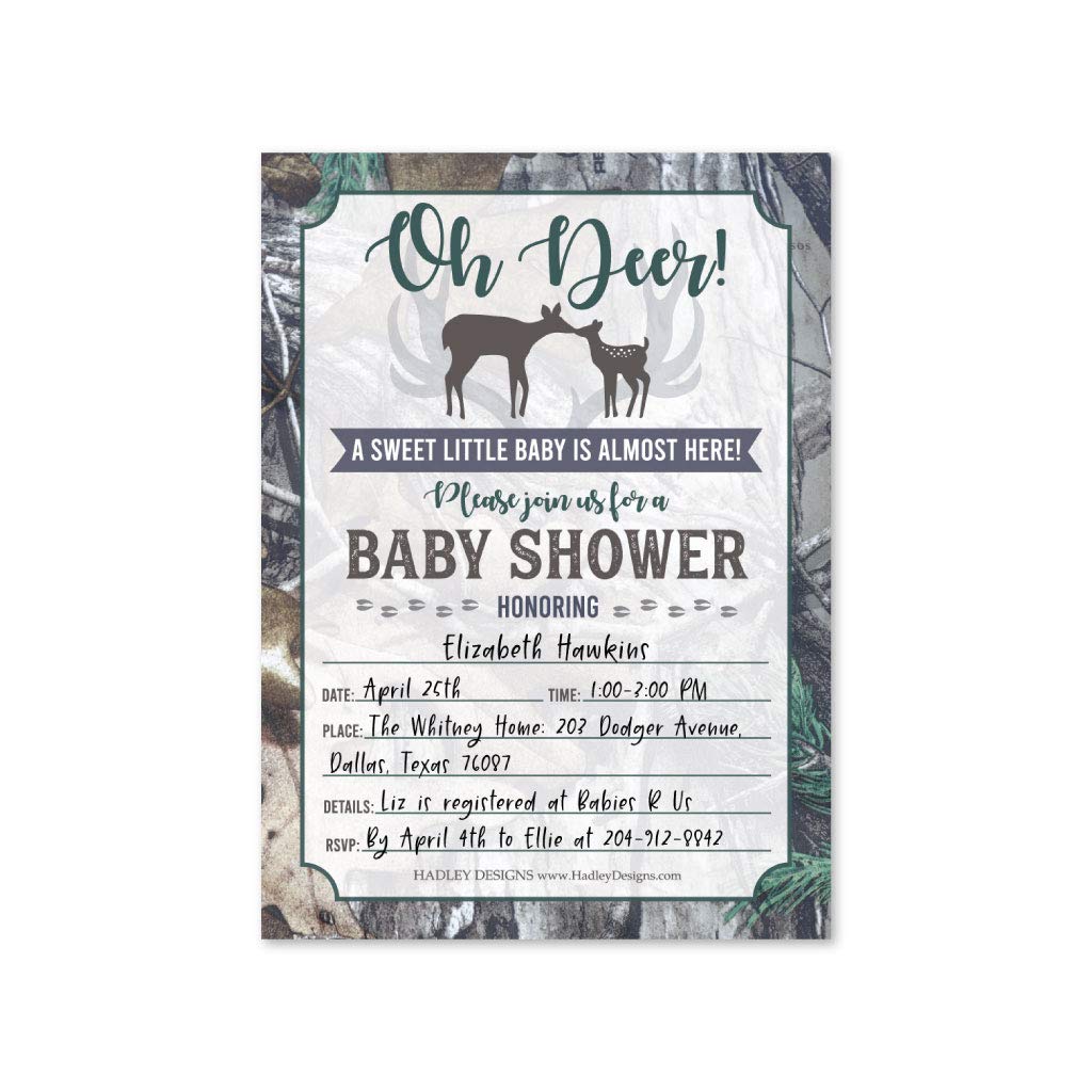 25 Blue Deer Baby Shower Invitations, Sprinkle Invite For Boy, Coed Forest Rustic Gender Reveal Theme, Cute Camouflage Buck DIY Fill or Write In Blank Printable Card, Woodland Forest Party Supplies