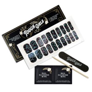 tough girls | nail polish strips | 20 stylish strips | brighter, thicker, tougher | includes cuticle stick, nail file, & nail wipes (black & sparkles)