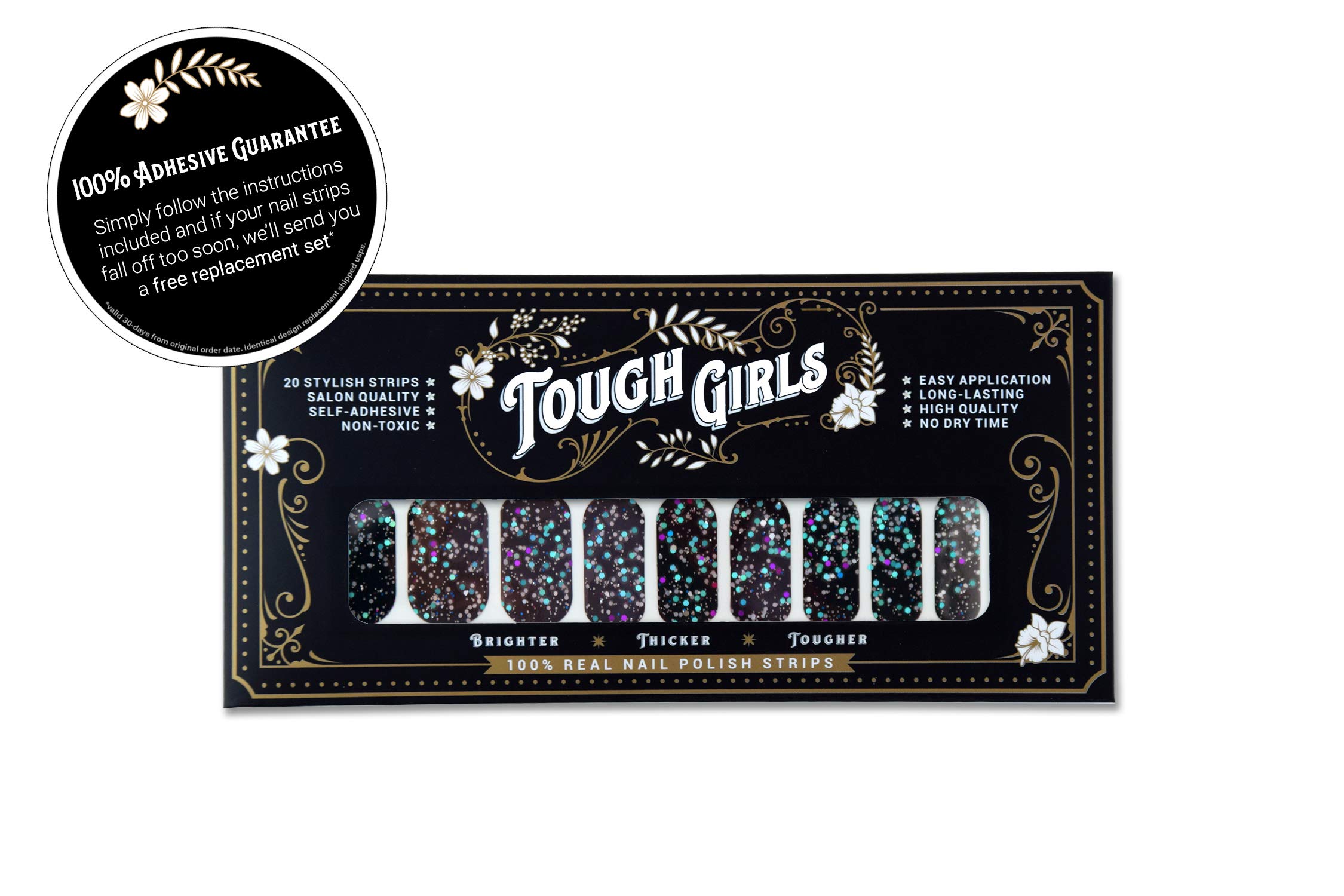 TOUGH GIRLS | Nail Polish Strips | 20 Stylish Strips | Brighter, Thicker, Tougher | Includes Cuticle Stick, Nail File, & Nail Wipes (Black & Sparkles)