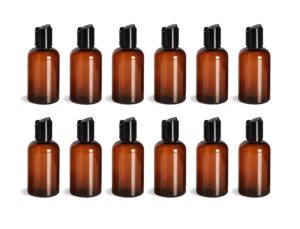 ljdeals 2 oz amber pet plastic refillable bottles with black disc top caps, pack of 12, bpa free, tsa approved, made in usa