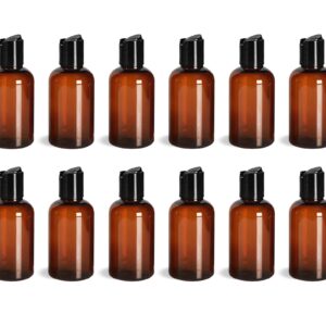 ljdeals 2 oz Amber PET Plastic Refillable Bottles with Black Disc Top Caps, Pack of 12, BPA Free, TSA Approved, Made in USA