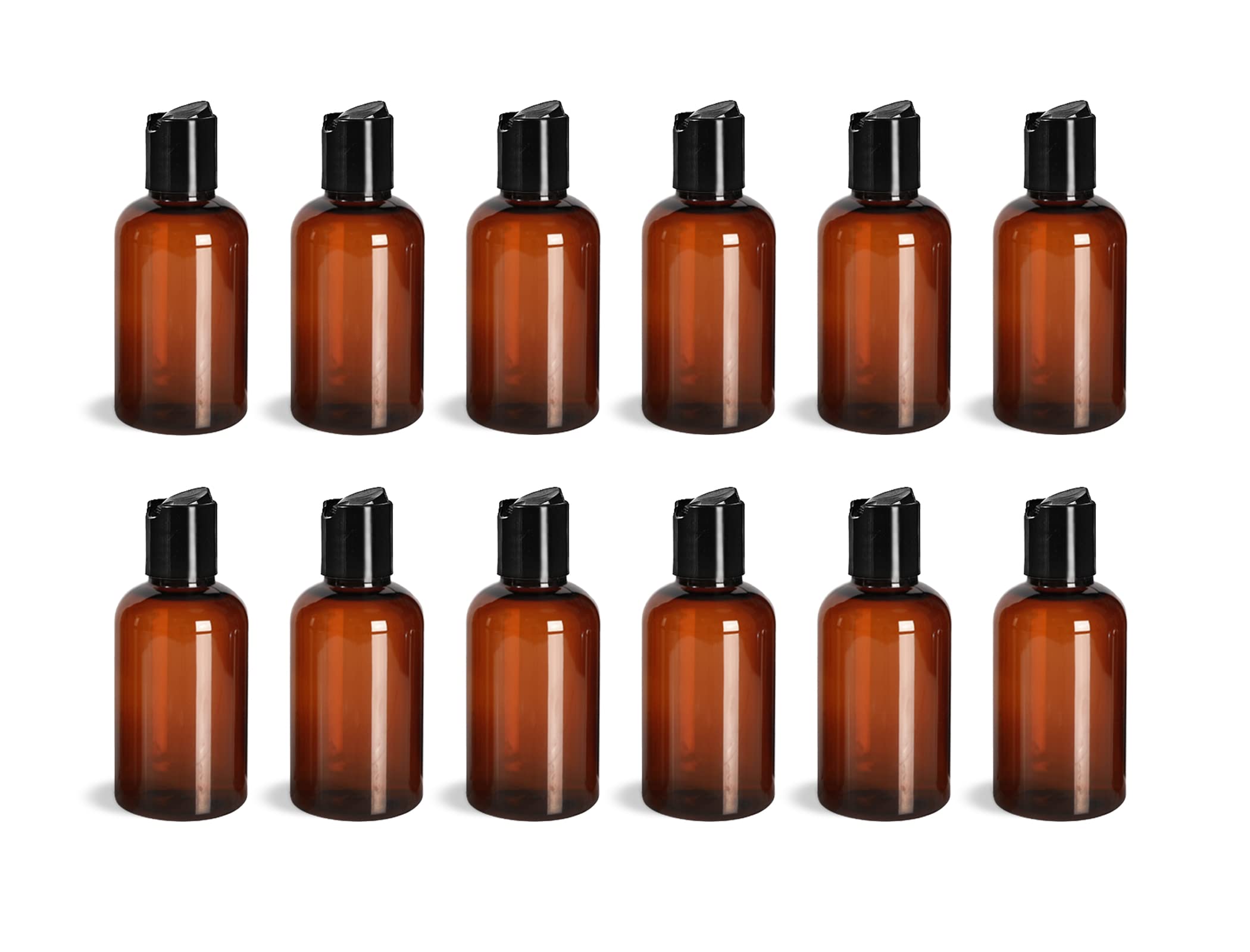 ljdeals 2 oz Amber PET Plastic Refillable Bottles with Black Disc Top Caps, Pack of 12, BPA Free, TSA Approved, Made in USA