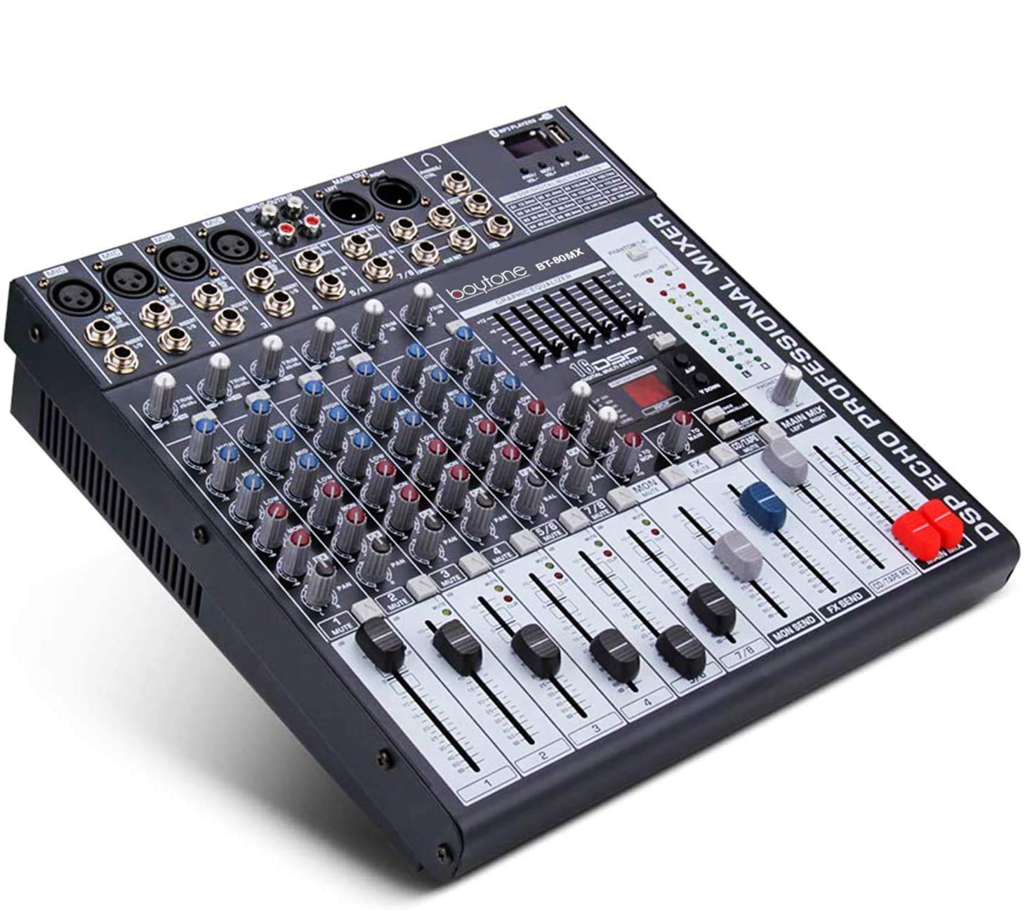 Boytone BT-80MX, 8 - Channel Bluetooth Audio Mixer - DJ Sound Controller, USB MP3 Player, 4 XLR Microphone Jack, 7 Band EQ, 16 BIT Digital Multi FX Processor, RCA IN-OUT Jack, 48V Phantom Power