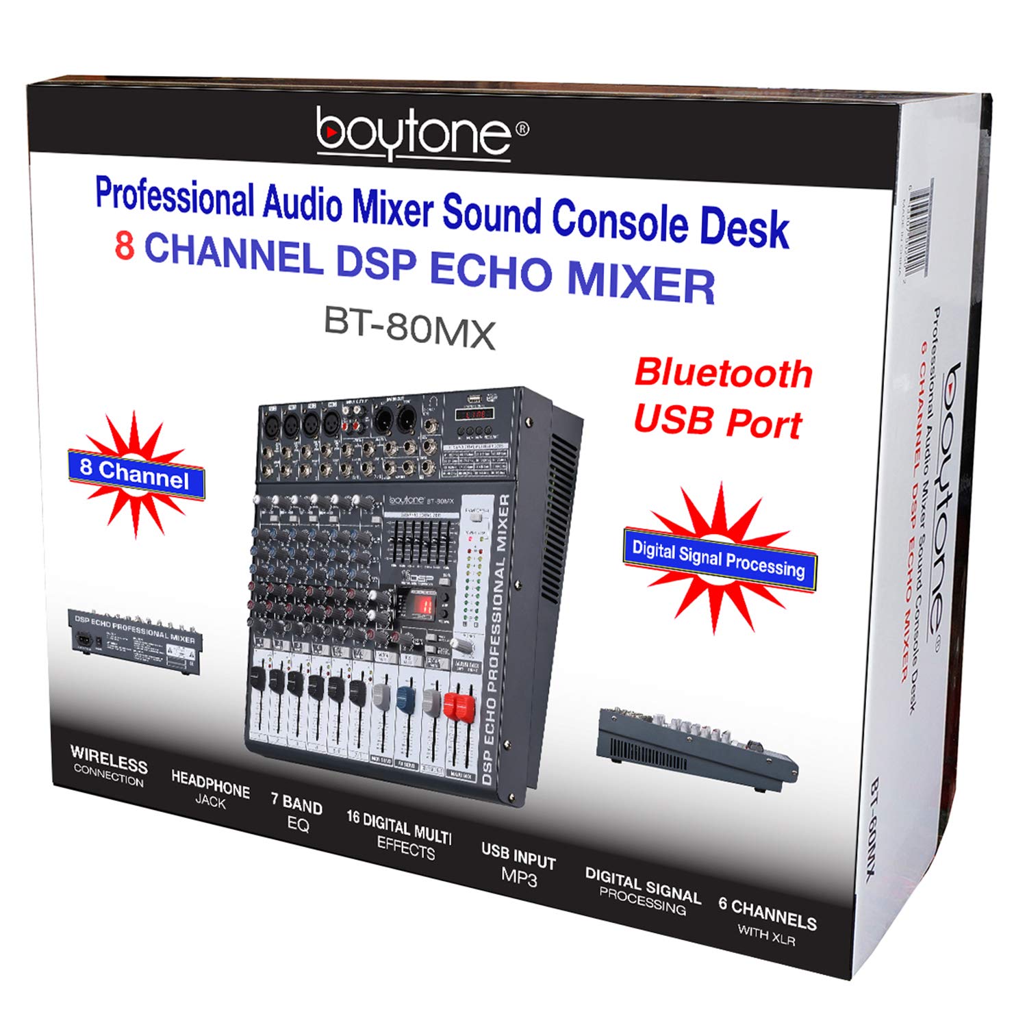 Boytone BT-80MX, 8 - Channel Bluetooth Audio Mixer - DJ Sound Controller, USB MP3 Player, 4 XLR Microphone Jack, 7 Band EQ, 16 BIT Digital Multi FX Processor, RCA IN-OUT Jack, 48V Phantom Power