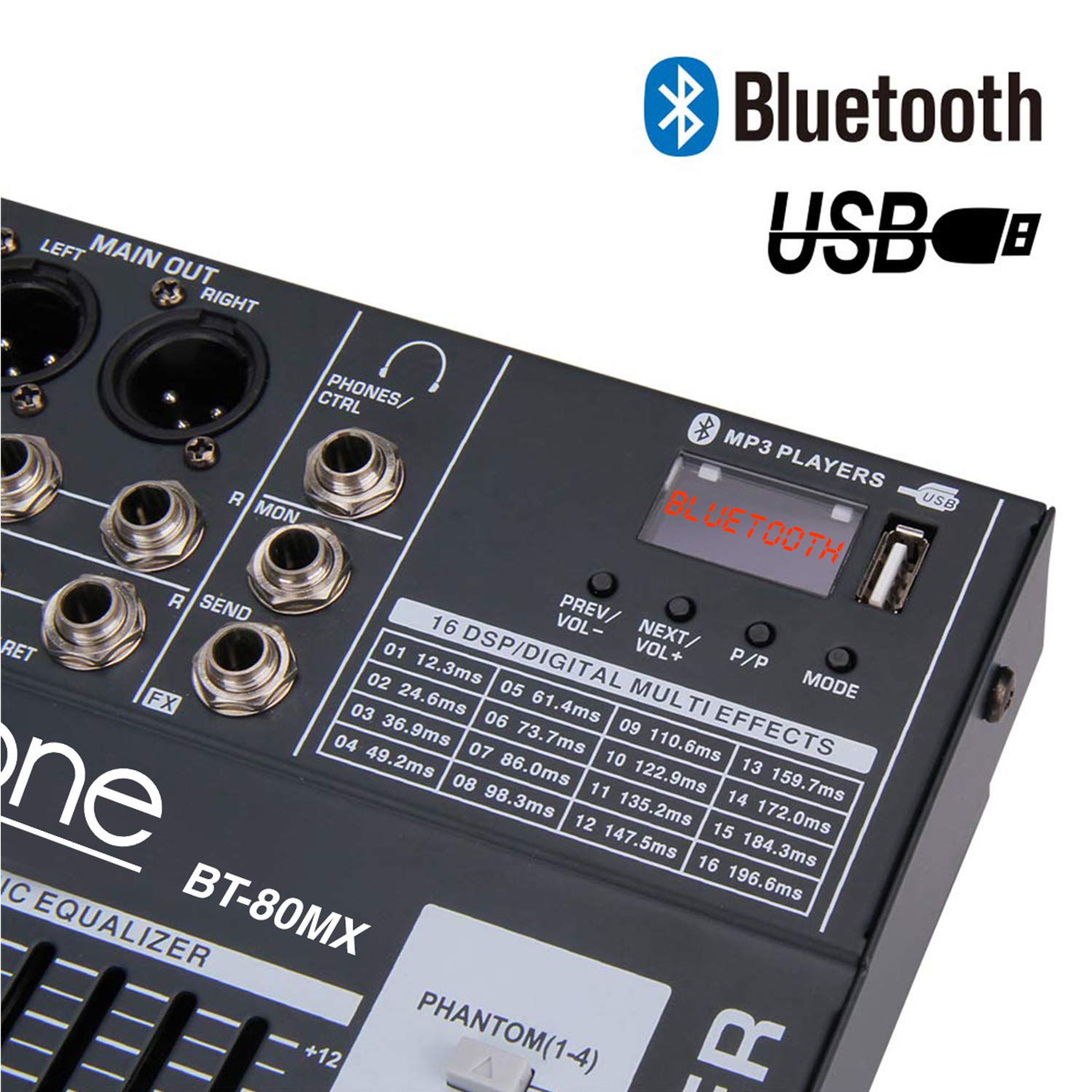 Boytone BT-80MX, 8 - Channel Bluetooth Audio Mixer - DJ Sound Controller, USB MP3 Player, 4 XLR Microphone Jack, 7 Band EQ, 16 BIT Digital Multi FX Processor, RCA IN-OUT Jack, 48V Phantom Power