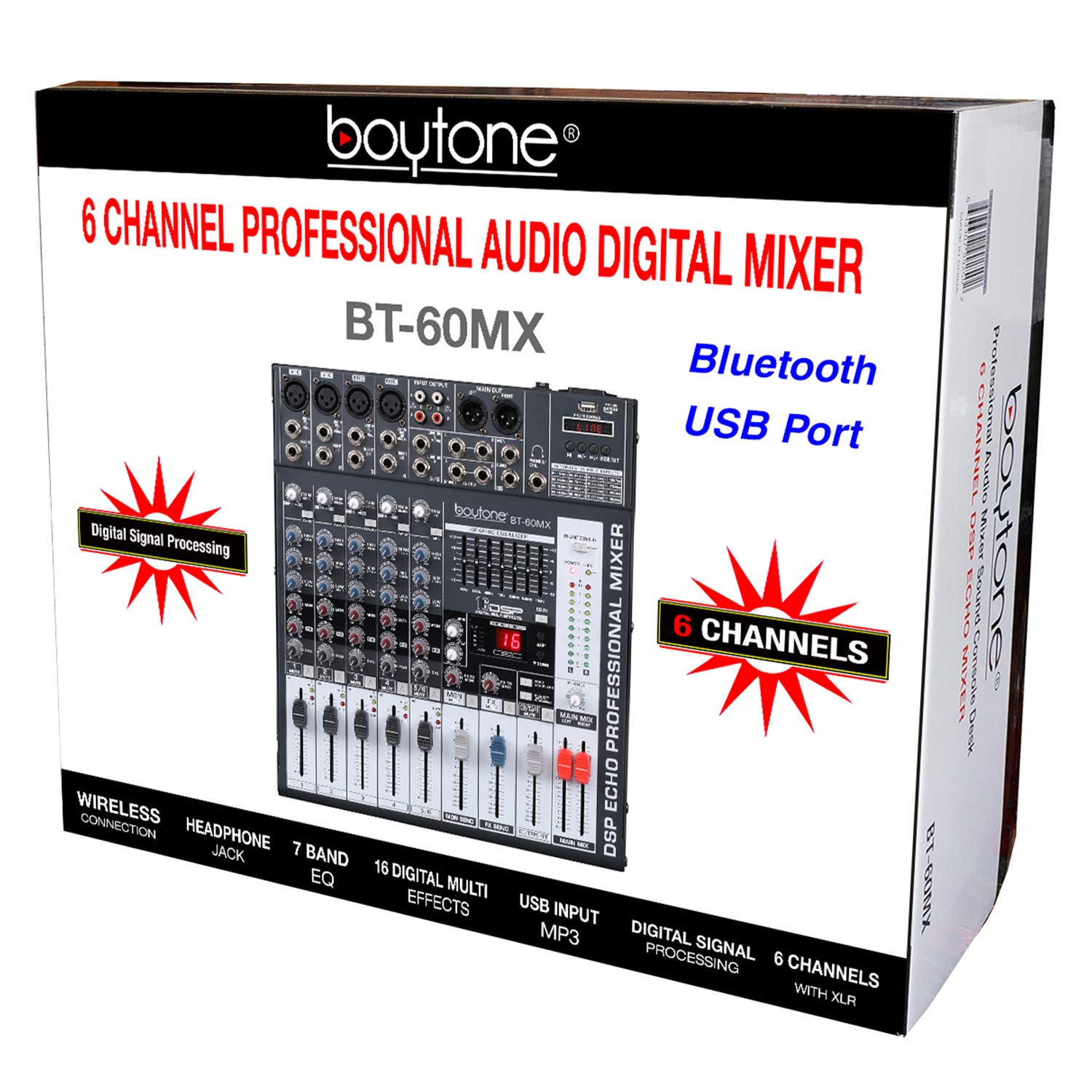 Boytone BT-60MX, 6 Channel Bluetooth Audio Mixer - DJ Sound Controller, USB MP3 Player, 4 XLR Microphone Jack, 7 Band EQ, 16 DSP Digital Multi Effects Processor, RCA IN-OUT Jack, 48V Phantom Power