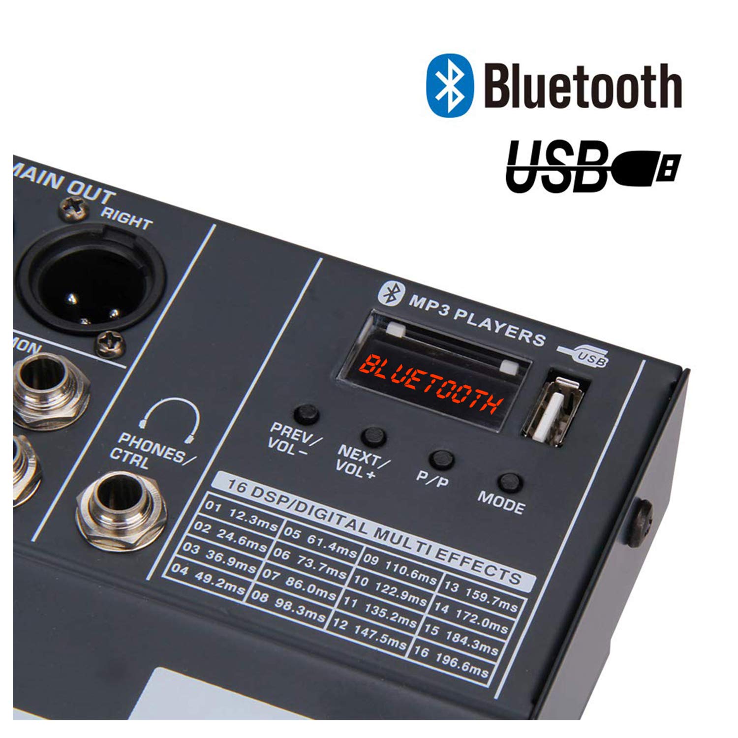 Boytone BT-60MX, 6 Channel Bluetooth Audio Mixer - DJ Sound Controller, USB MP3 Player, 4 XLR Microphone Jack, 7 Band EQ, 16 DSP Digital Multi Effects Processor, RCA IN-OUT Jack, 48V Phantom Power