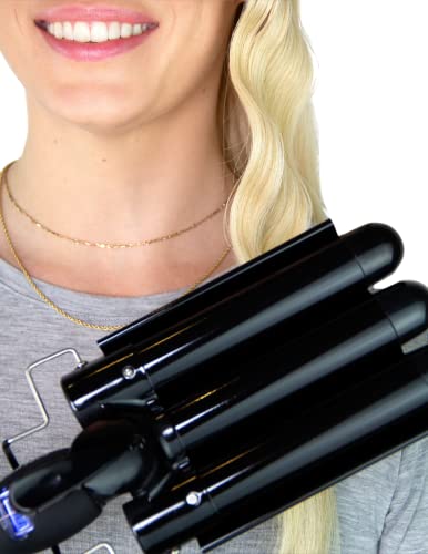 Trademark Beauty Babe Waves Limited Edition - Three Barrel Curling Iron, Hair Waver Tool, Adjustable Temperature, Ceramic Wand, 1.1 Inch, 28mm - Black