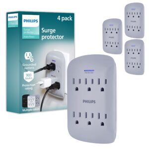 philips 6-outlet extender surge protector, 900 joules, 3-prong, space saving design, protection indicator led light, 4 pack, grey, spp3469gr/37