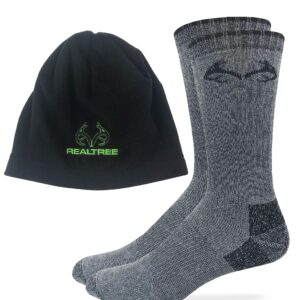 Realtree Mens Merino Wool Blend Boot Socks Fleece Beanie 1 Pair Pack Combo (Black/Lime, Men's Shoe Size 9-13 - Sock Size Large)