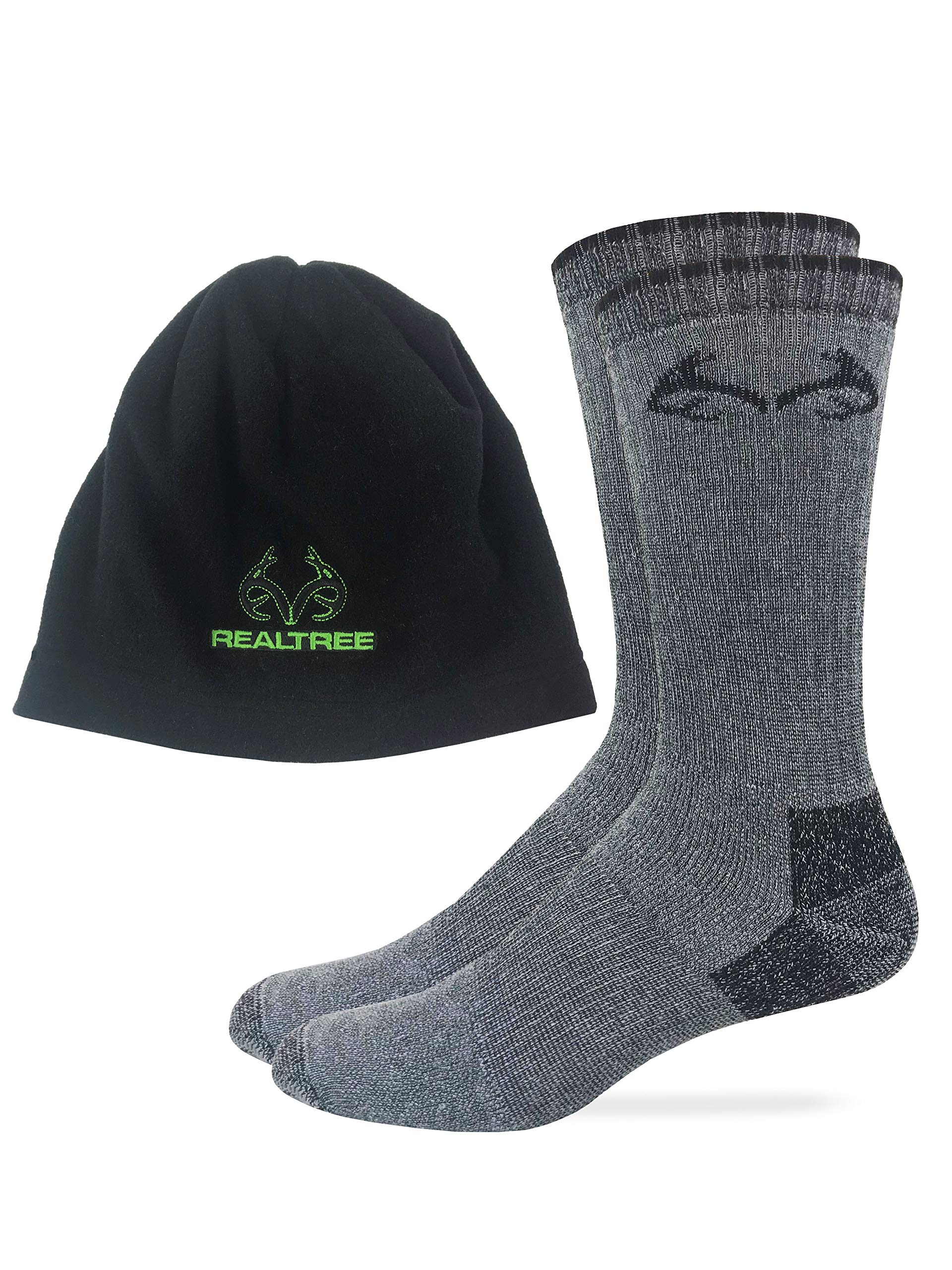 Realtree Mens Merino Wool Blend Boot Socks Fleece Beanie 1 Pair Pack Combo (Black/Lime, Men's Shoe Size 9-13 - Sock Size Large)