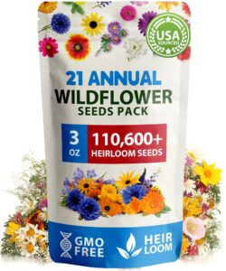 home grown 112,000+ wildflower seeds: bulk mix of 21 varieties, non-gmo wild flower seed | bee and butterfly garden variety pack | annual flowers seeds for planting |native wildflowers for your garden