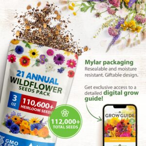 HOME GROWN 112,000+ Wildflower Seeds: Bulk Mix of 21 Varieties, Non-GMO Wild Flower Seed | Bee and Butterfly Garden Variety Pack | Annual Flowers Seeds for Planting |Native Wildflowers for Your Garden