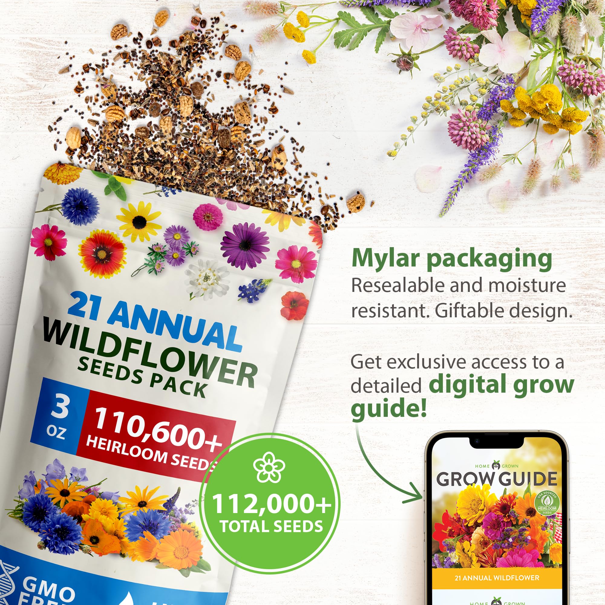 HOME GROWN 112,000+ Wildflower Seeds: Bulk Mix of 21 Varieties, Non-GMO Wild Flower Seed | Bee and Butterfly Garden Variety Pack | Annual Flowers Seeds for Planting |Native Wildflowers for Your Garden