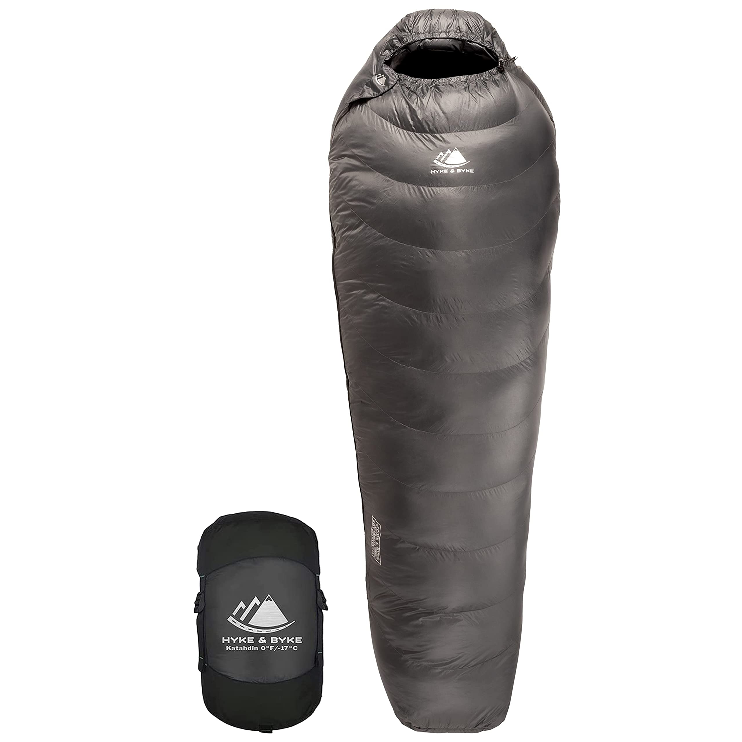 Hyke & Byke Katahdin 0°F Cold Weather Mummy Hiking & Backpacking Sleeping Bag - Synthetic 625 FP 4 Season Sleeping Bags for Adults - Ultralight Includes Compression Stuff Sack (Charcoal Gray, Long)