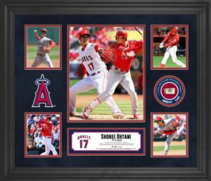 sports memorabilia shohei ohtani los angeles angels framed 5-photo collage with a piece of game-used baseball - mlb player plaques and collages