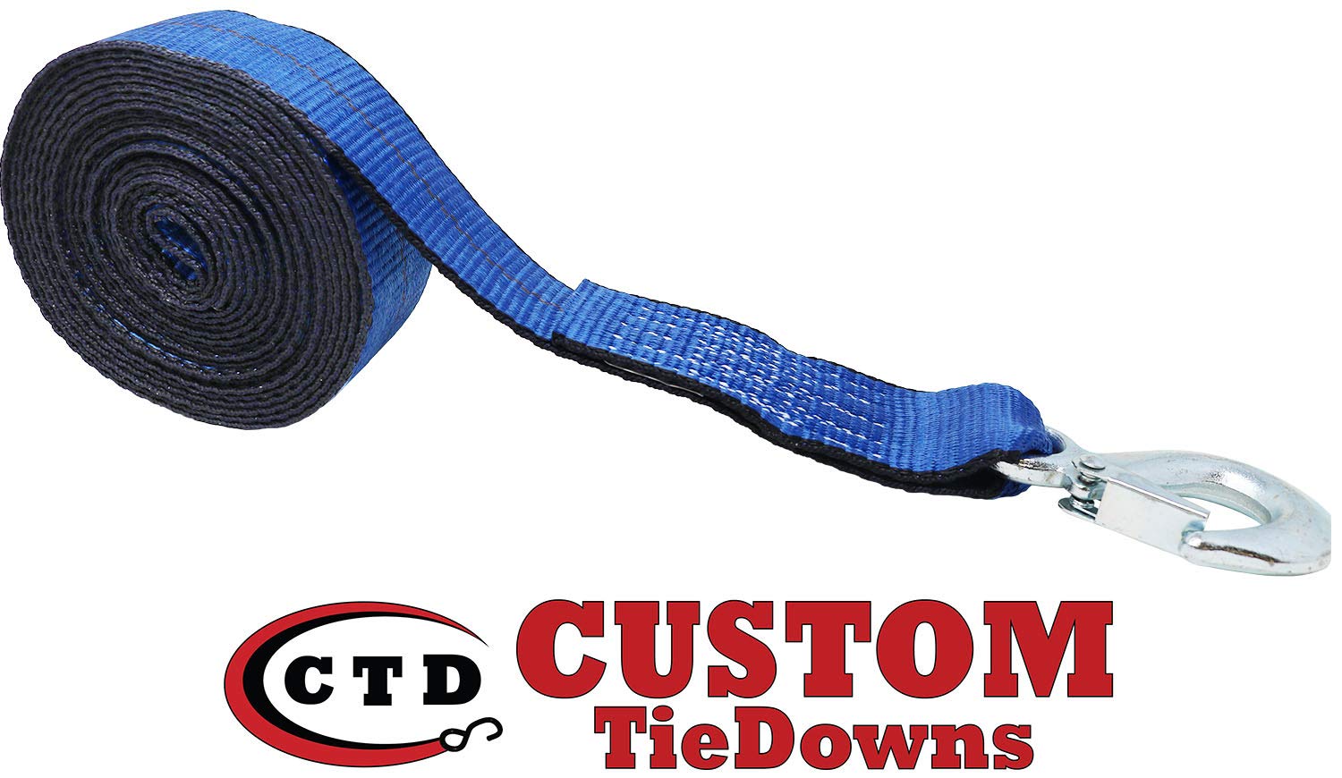 CustomTieDowns 2 Inch x 16 Foot Heavy Duty Replacement Winch Strap, Boat Hook On One End, 1 Inch Loop On Opposite End for Attachment to Winch. (Blue)