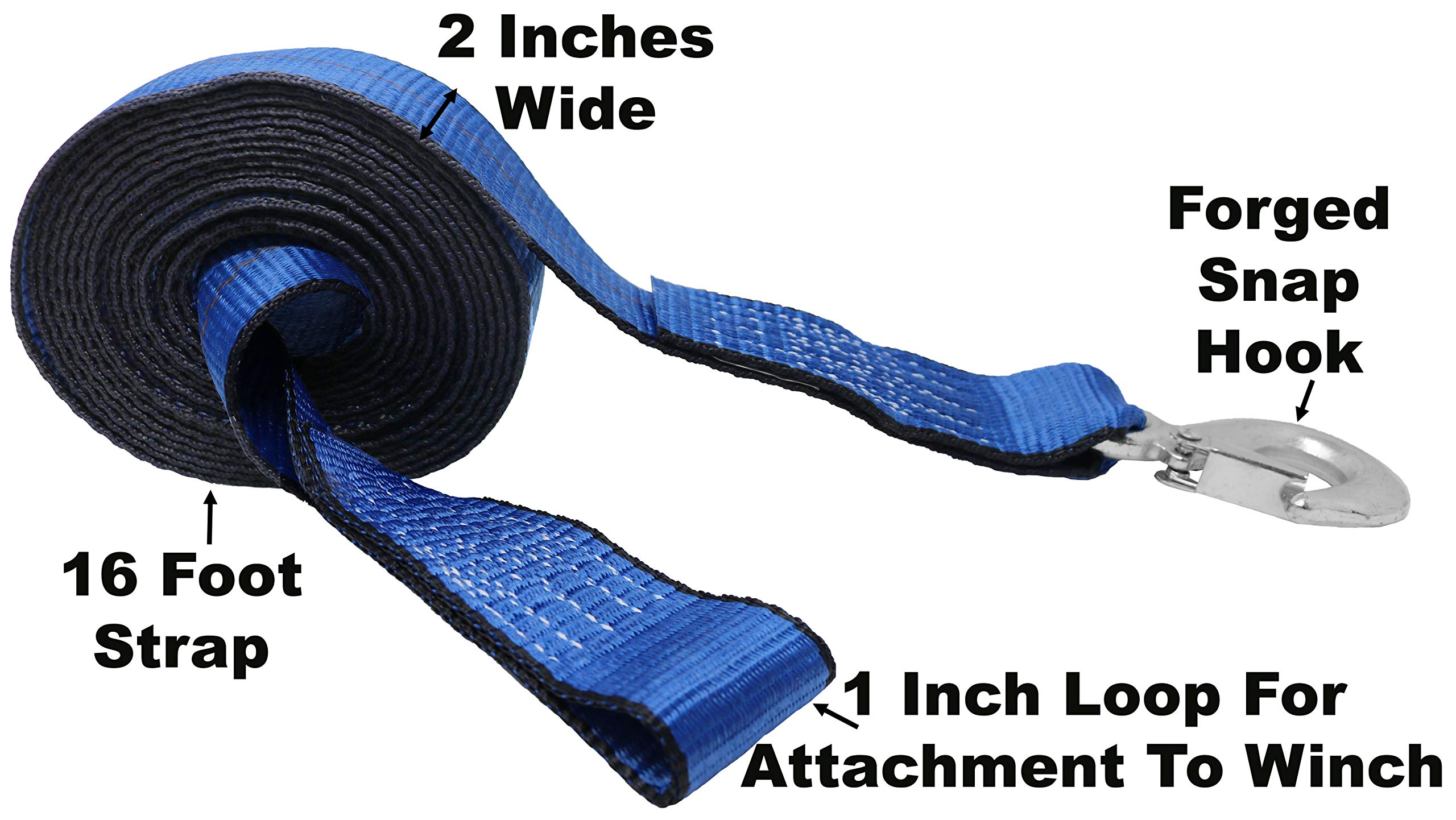 CustomTieDowns 2 Inch x 16 Foot Heavy Duty Replacement Winch Strap, Boat Hook On One End, 1 Inch Loop On Opposite End for Attachment to Winch. (Blue)