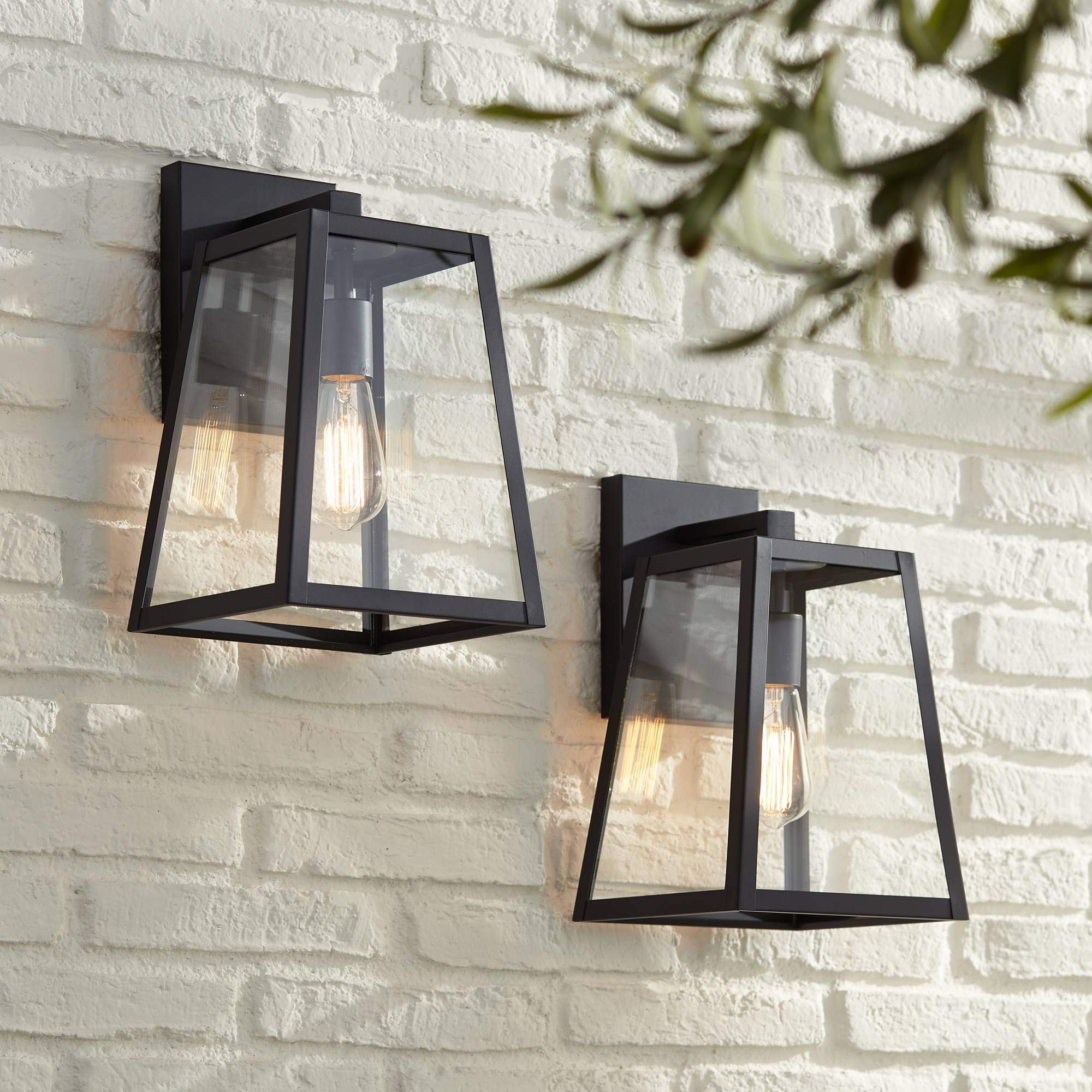 John Timberland Arrington 13" High Farmhouse Rustic Modern Outdoor Wall Light Fixture Mount Porch House Exterior Outside Lantern Set of 2 Edison Bulb Mystic Black Metal Clear Glass Shade Front Door