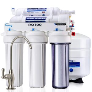 ispring ro100 under sink 5-stage reverse osmosis drinking water filtration system high capacity 100 gpd fast flow, 1:1 pure to waste ratio, us made filters