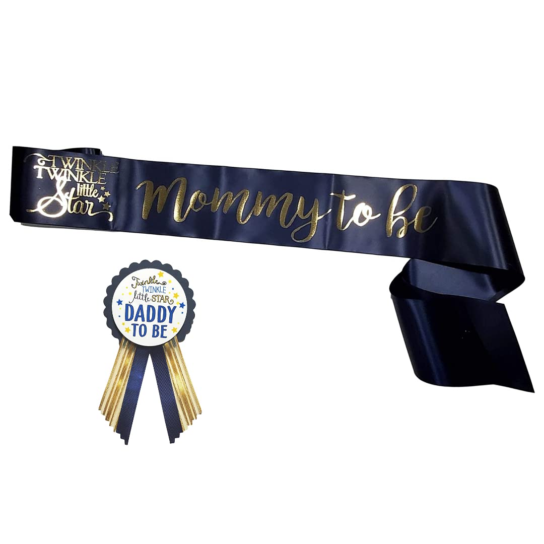 Amy's Bubbling Boutique, Inc. Twinkle Little Star Baby Shower Mommy Banner Sash & Daddy to Be Pin Navy & Gold Gift Set