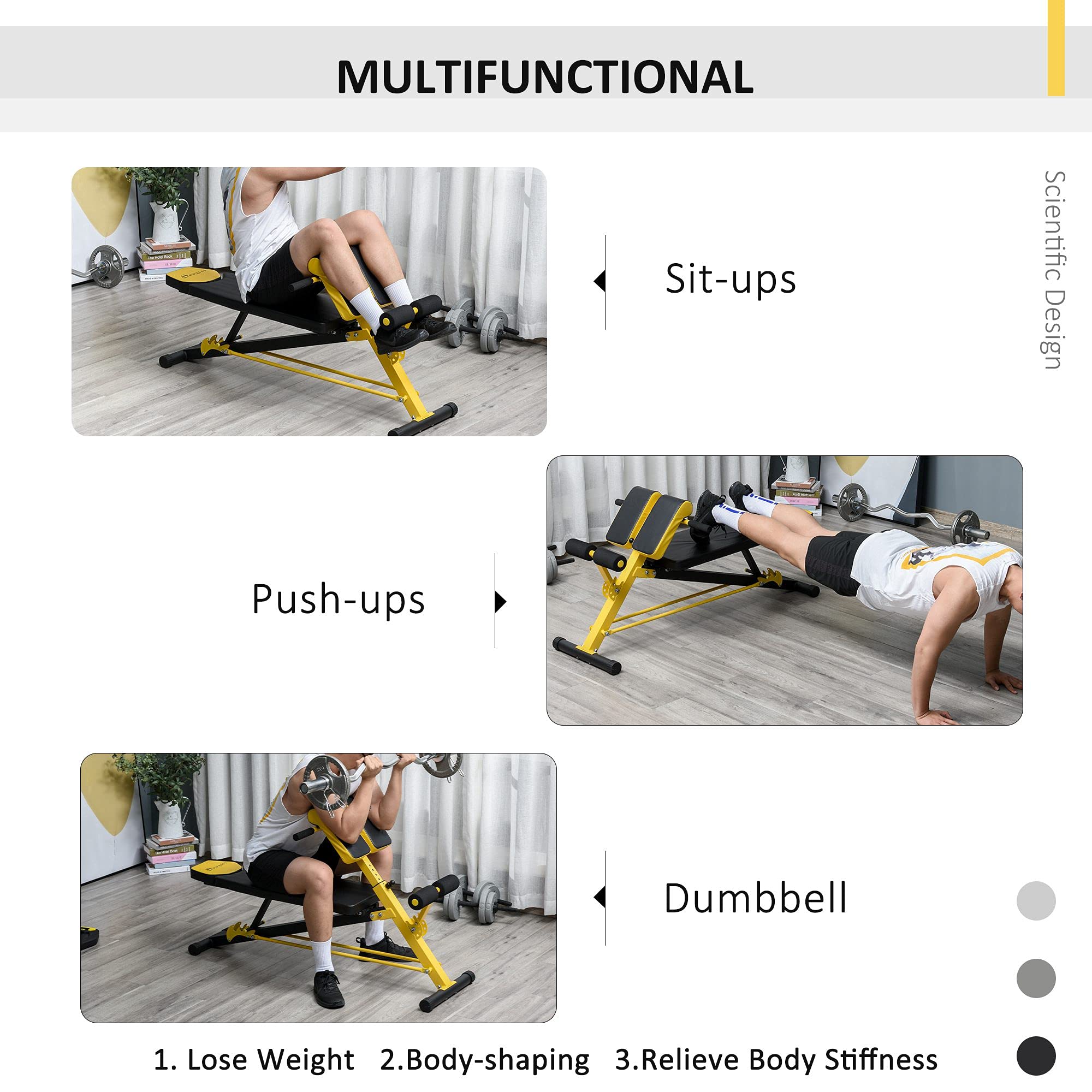 Soozier Adjustable Hyper Extension Dumbbell Weight Bench, Foam Leg Holders, Exercise Abs, Arms, Core, Strength Workout Station for Home Gym, Yellow