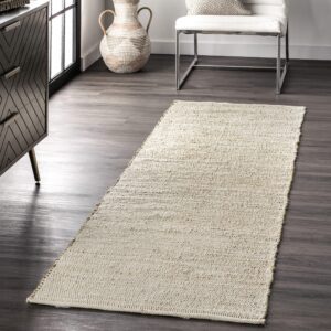 nuloom 2x10 elfriede jute & cotton hand woven area rug, natural, solid rustic farmhouse style, weaved design, natural fiber, for bedroom, living room, dining room, hallway, office, entryway
