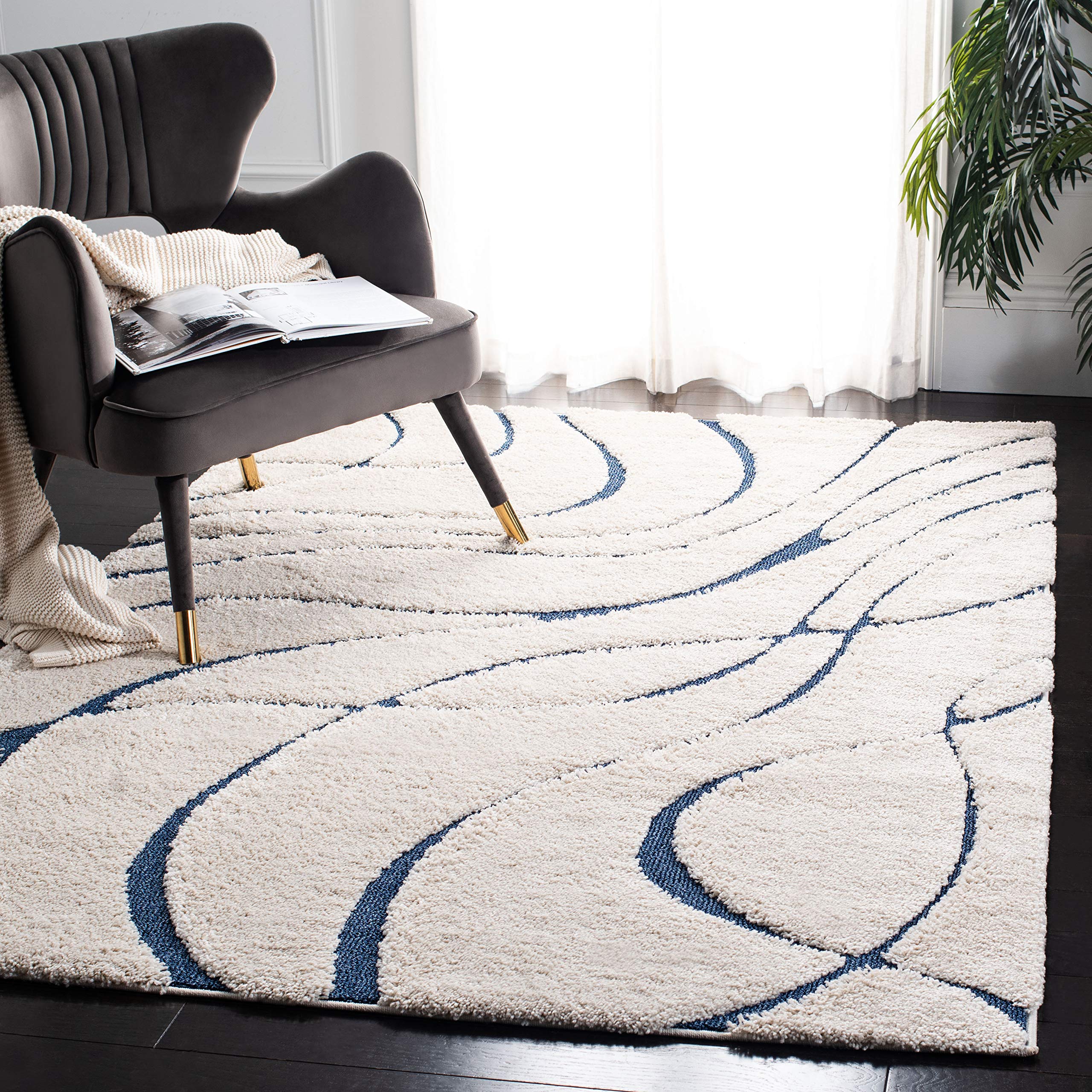 SAFAVIEH Florida Shag Collection Area Rug - 9'6" x 13', Cream & Blue, Non-Shedding & Easy Care, 1.2-inch Thick Ideal for High Traffic Areas in Living Room, Bedroom (SG471-1165)