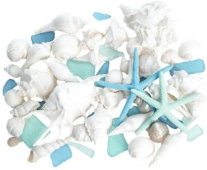 real mixed beach seashells with blue & green starfish & aqua and blue sea glass | white decorative sea shell décor & blue seaglass pieces | seashell wedding | plus free nautical ebook by joseph rains