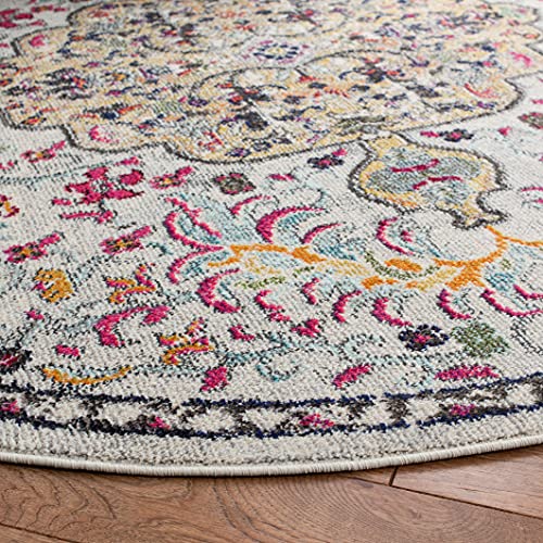 SAFAVIEH Madison Collection Area Rug - 5' Round, Grey & Gold, Boho Chic Medallion Distressed Design, Non-Shedding & Easy Care, Ideal for High Traffic Areas in Living Room, Bedroom (MAD447G)