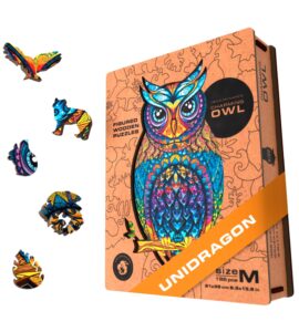 unidragon wooden jigsaw puzzles - charming owl, 186 pcs, medium 8.3"x13.8", beautiful gift package, unique shape best gift for adults and kids