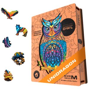 UNIDRAGON Wooden Jigsaw Puzzles - Charming Owl, 186 pcs, Medium 8.3"x13.8", Beautiful Gift Package, Unique Shape Best Gift for Adults and Kids