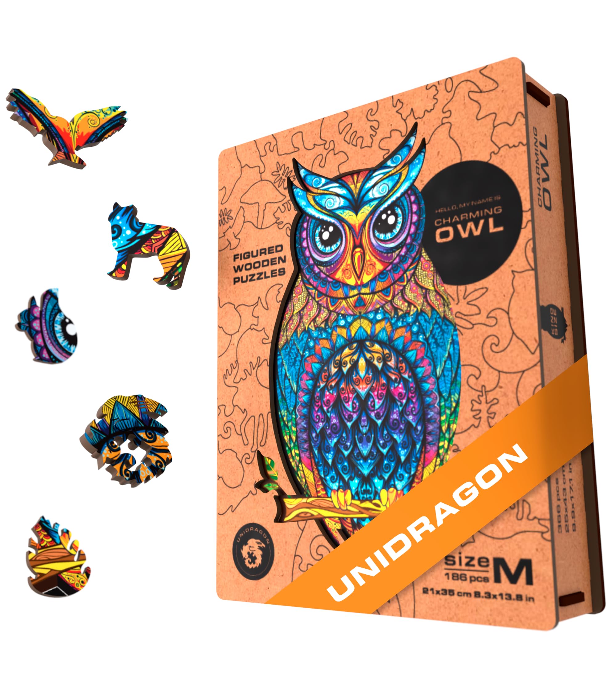 UNIDRAGON Wooden Jigsaw Puzzles - Charming Owl, 186 pcs, Medium 8.3"x13.8", Beautiful Gift Package, Unique Shape Best Gift for Adults and Kids