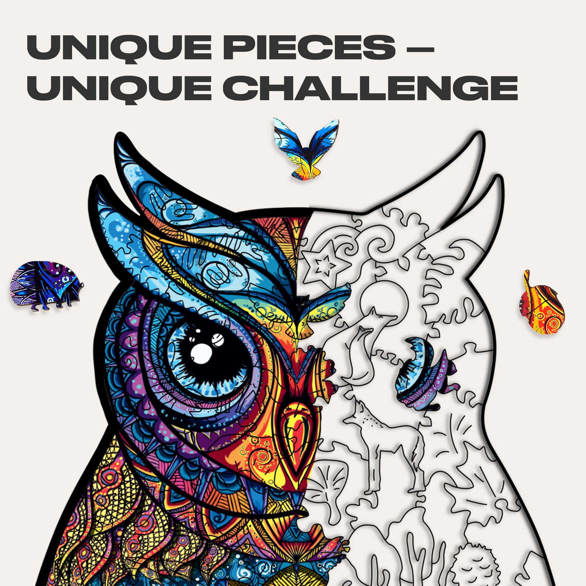 UNIDRAGON Wooden Jigsaw Puzzles - Charming Owl, 186 pcs, Medium 8.3"x13.8", Beautiful Gift Package, Unique Shape Best Gift for Adults and Kids