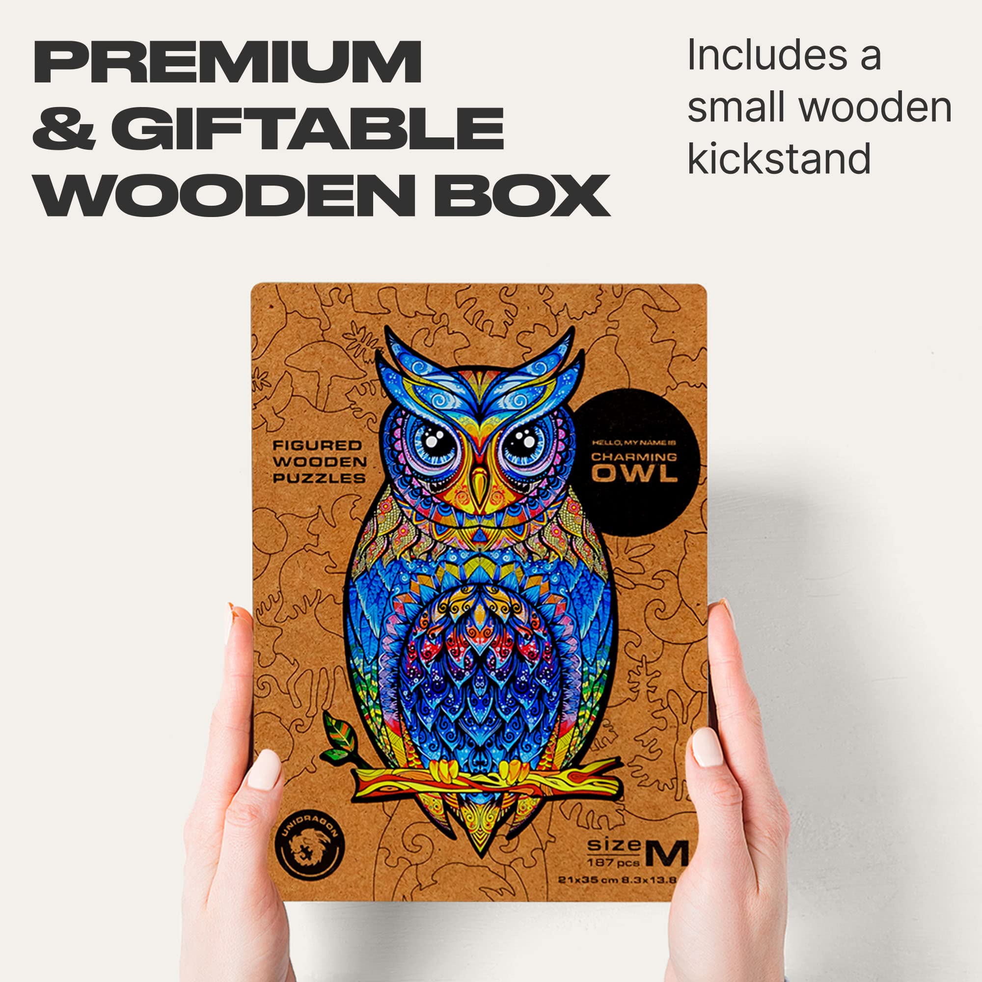 UNIDRAGON Wooden Jigsaw Puzzles - Charming Owl, 186 pcs, Medium 8.3"x13.8", Beautiful Gift Package, Unique Shape Best Gift for Adults and Kids