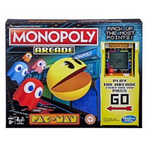 monopoly arcade pac-man game board game for kids ages 8 and up; includes banking and arcade unit
