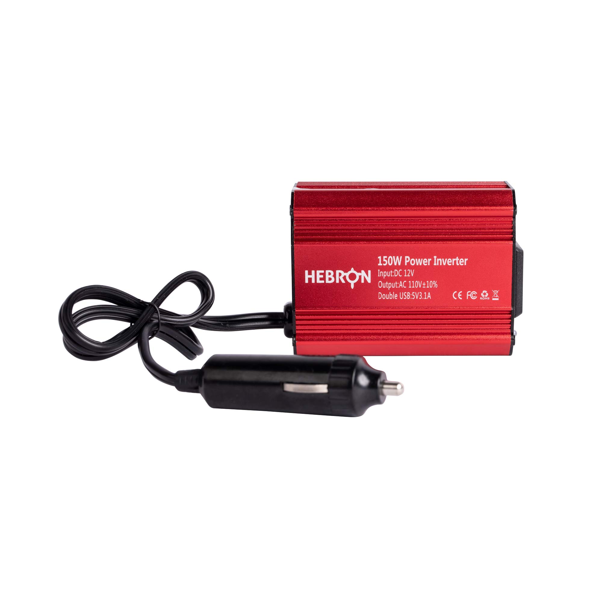 Hebron 150w Car Power Inverter – Portable 12V DC to 110V AC Charger – Cigarette Lighter Adapter – 2 USB Ports and 1 US AC Outlet