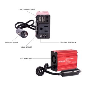 Hebron 150w Car Power Inverter – Portable 12V DC to 110V AC Charger – Cigarette Lighter Adapter – 2 USB Ports and 1 US AC Outlet