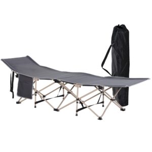outsunny folding camping cot for adults with carry bag, side pocket, outdoor portable sleeping bed for travel, camp, vacation, 330 lbs. capacity, gray