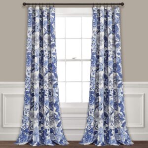 lush decor sydney light filtering window curtain panels, pair, 52" w x 95" l, navy & white - botanical garden - country cottage home decor - floral curtains for bedroom, living room, & dining room