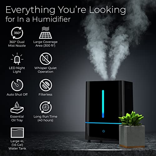 Everlasting Comfort: Cool Mist Humidifier for Bedroom 4L - Large Room, Filterless Humidifier with Essential Oil Diffuser, Easy Clean & Quiet, Black