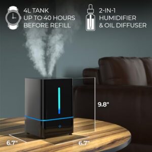 Everlasting Comfort: Cool Mist Humidifier for Bedroom 4L - Large Room, Filterless Humidifier with Essential Oil Diffuser, Easy Clean & Quiet, Black