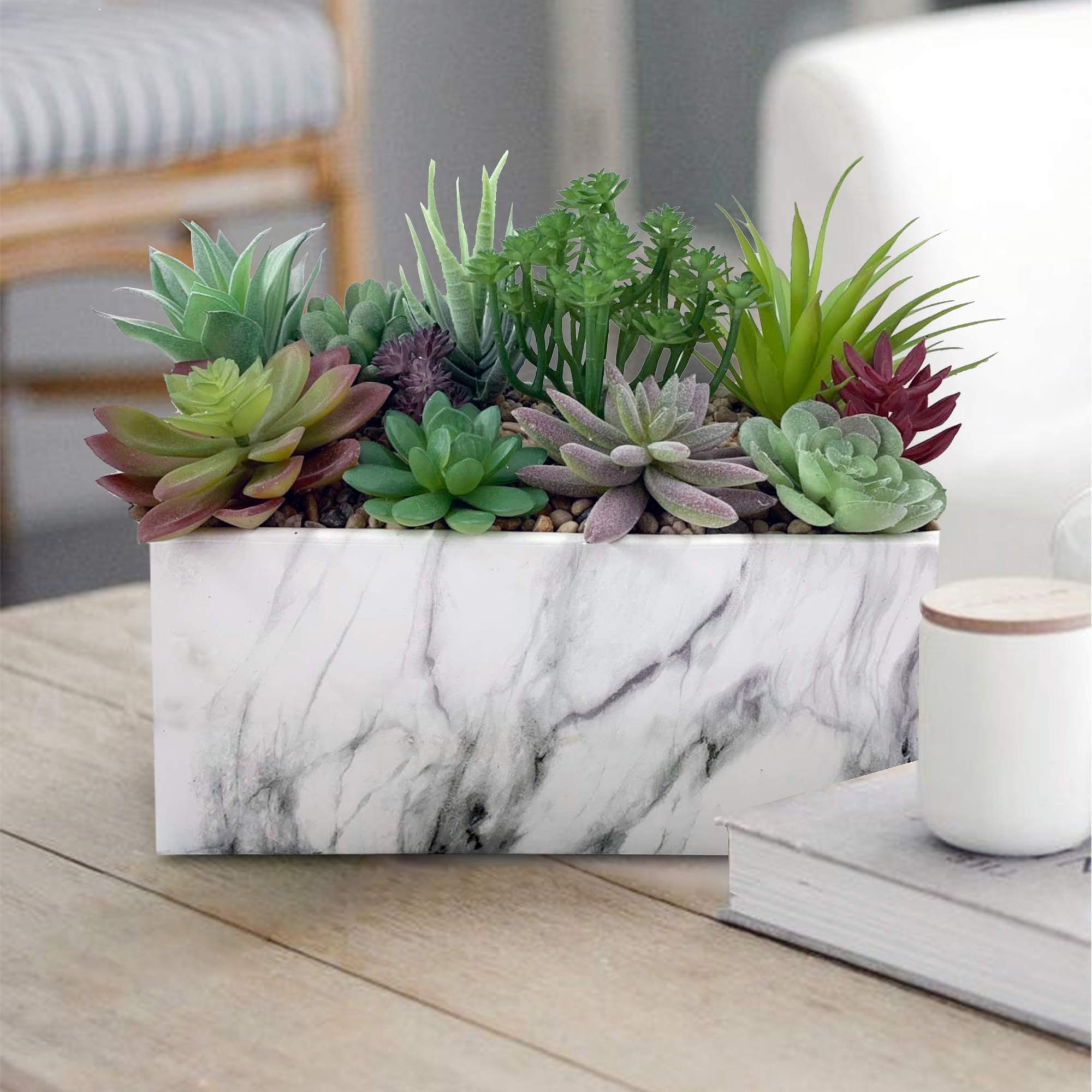 GreenBoxx Ceramic-Marble Artificial Succulent Planter Set - 11 Piece Flora Faux Potted Succulent Arrangement for Modern Home, Kitchen, Table, Wall Hanging, and Wedding Decor