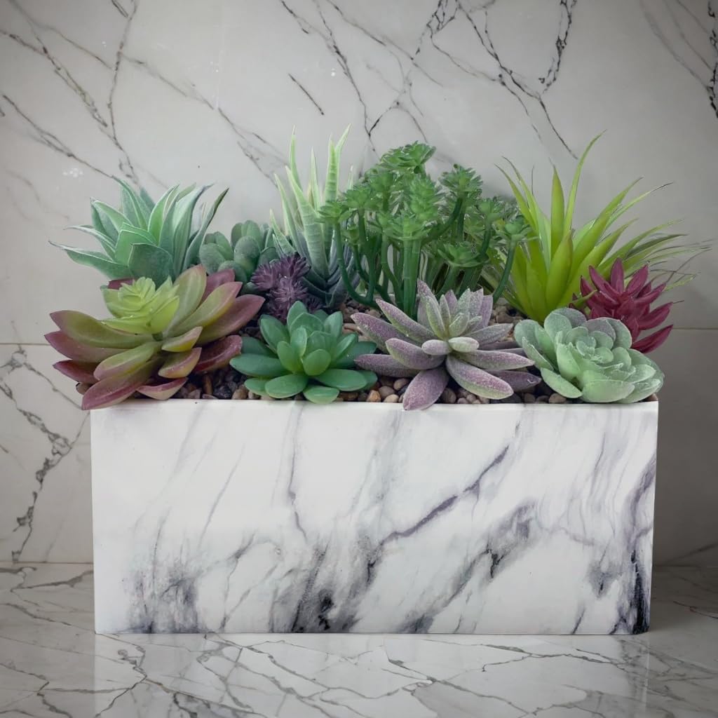 GreenBoxx Ceramic-Marble Artificial Succulent Planter Set - 11 Piece Flora Faux Potted Succulent Arrangement for Modern Home, Kitchen, Table, Wall Hanging, and Wedding Decor