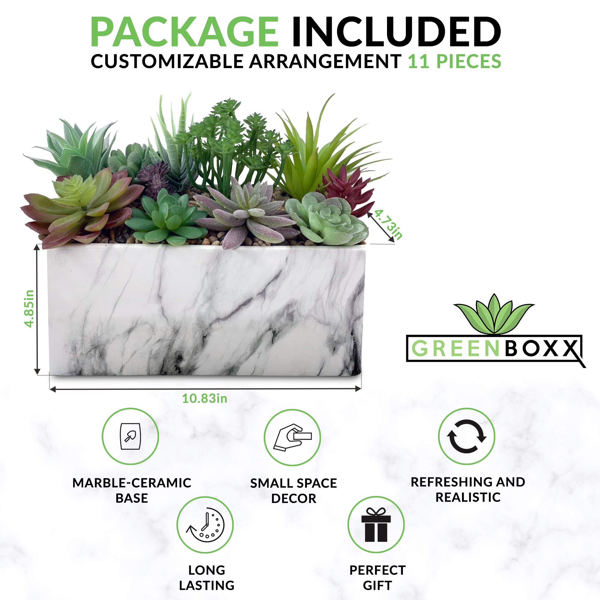 GreenBoxx Ceramic-Marble Artificial Succulent Planter Set - 11 Piece Flora Faux Potted Succulent Arrangement for Modern Home, Kitchen, Table, Wall Hanging, and Wedding Decor